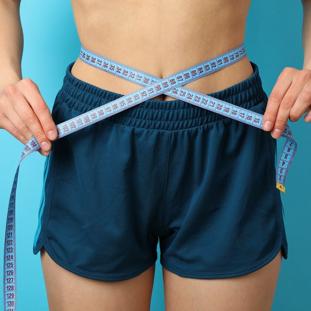 Una mujer en pantalones cortos mide su cintura con una cinta métrica alrededor de su abdomen.